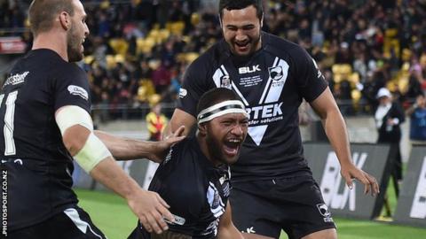New Zealand celebrate a Four Nations try against Australia