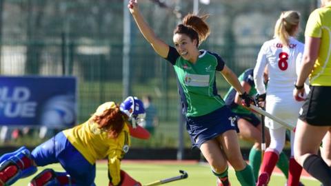 Anna O'Flanagan celebrates after scoring Ireland's second goal