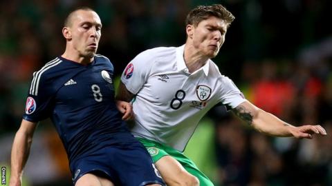 Jeff Hendrick battles with Scotland's Scott Brown during the Euro 2016 qualifier in November