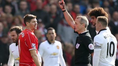 Steven Gerrard is sent off after just 38 seconds in a defeat by Manchester United