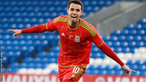 Tom O'Sullivan celebrates one of his first half goals for Wales under-21 against Bulgaria