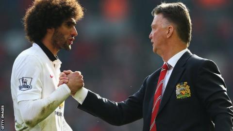 Marouane Fellaini and Louis van Gaal of Manchester United