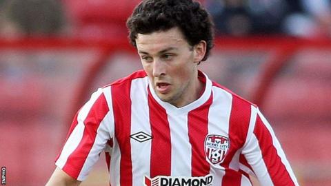 Derry's Barry McNamee was denied twice by last-ditch tackles