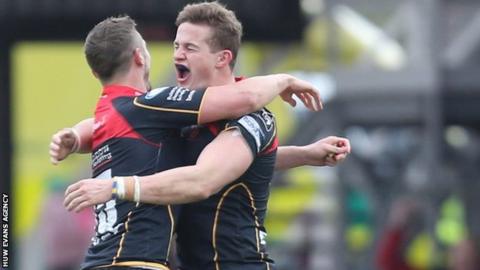 Jason Tovey and Hallam Amos celebrate beating Leinster