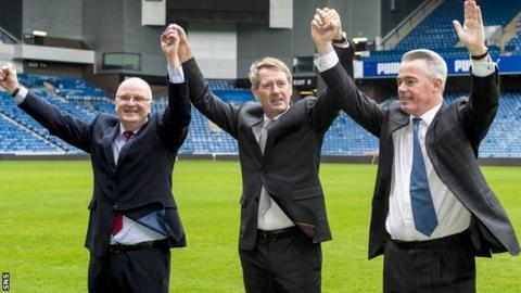 Dave King (centre) has to fulfil the SFA's "fit and proper" test before taking his place on the Rangers board