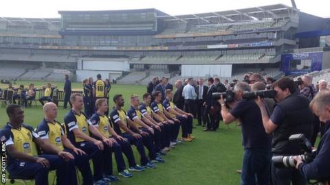 Warwickshire's players line up for their team picture at the pre-season photocall at Edgbaston, April 2015