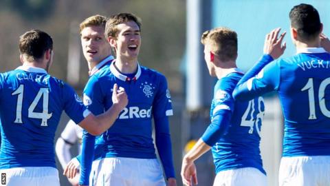 Ryan Hardie (centre) celebrates a goal for Rangers