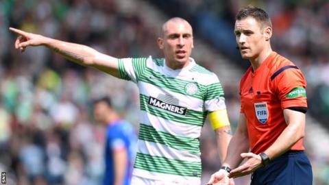 Celtic captain Scott Brown (left) appeals to referee Steven McLean during the defeat to Inverness
