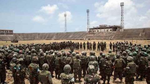 African Peacekeeping troops in the Somalia National Stadium in Mogadishu