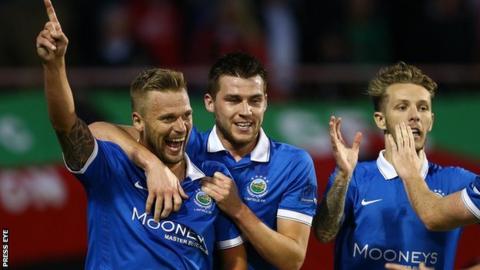 Peter Thompson celebrates after scoring one of his 230 goals for Linfield