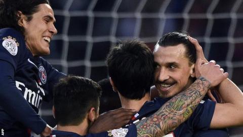 PSG players Zlatan Ibrahimovic, Edison Cavani and Javier Pastore