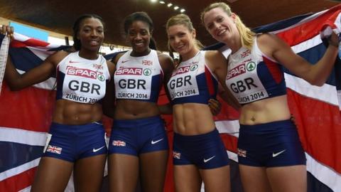 (left to right) Great Britain's Margaret Adeoye, Shana Cox, Kelly Massey, and Eilidh Child celebrate finishing third during the women's 4x400m final at the European Athletics Championships in Zurich, in August 2014