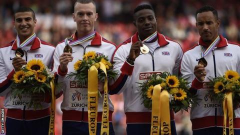 (left to right) Adam Gemili, Richard Kilty, Harry Aikines-Aryeetey and James Ellington