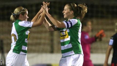 Natasha Knapman (l) of Yeovil celebrates with team-mate Stephanie Williams