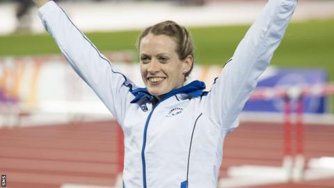 Team Scotland's Eilidh Child celebrates after winning silver in the 400m hurdles final