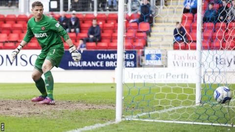 Dundee United goalkeeper Radoslaw Cierzniak watches Murray Davidson's strike hit the net