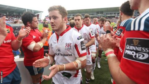 Paddy Jackson and his Ulster team-mates leave the pitch after securing a last-gasp draw with Munster