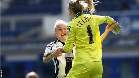 Notts County Ladies captain Laura Bassett celebrates FA Cup semi-final win with goalkeeper Carly Telford