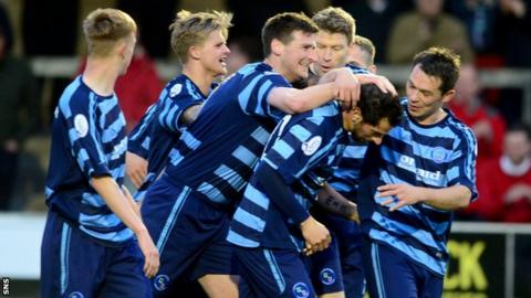 Forfar's Chris Templeman (third left) celebrates scoring his side's second.