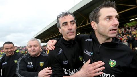 Jim McGuinness and Rory Gallagher embrace after Donegal's victory over Tyrone in 2013