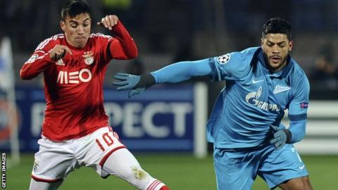 Zenit's Hulk (right) battles for possession with Nicolas Gaitan of Benfica during their Champions League group C game in November 2014