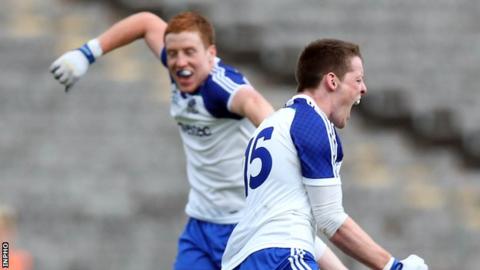 Kieran Duffy and Conor McManus celebrate after Monaghan's Ulster semi-final win over Cavan in 2013
