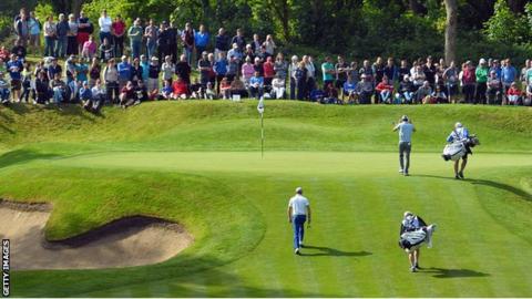Jamie Donaldson approaches the second green before making a birdie in the third round at Wentworth