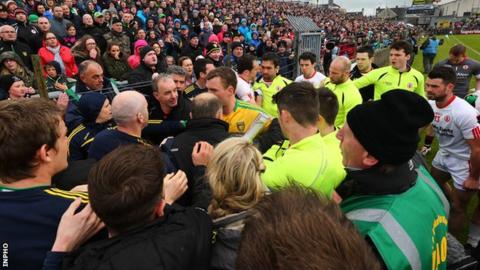 Tempers flared as the players attempted to make their way to the dressing-rooms at MacCumhaill Park