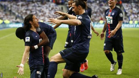 Edinson Cavani (left) celebrates scoring with Zlatan Ibrahimovic