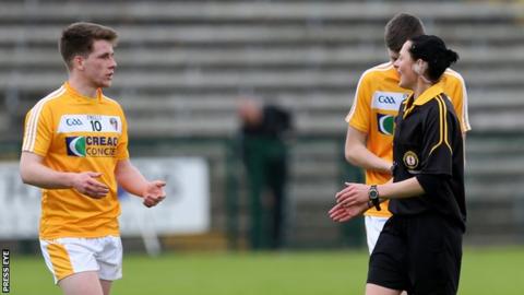 Maggie Farrelly explains one of her decisions in Sunday's Ulster MFC game