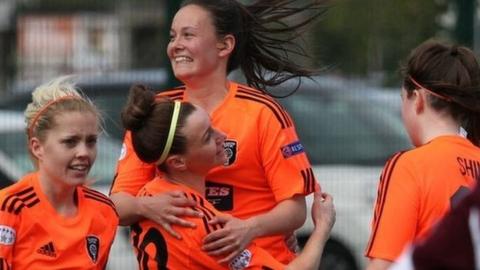 Glasgow City players celebrate Susan Fairlie's goal in the 6-1 win over Hearts