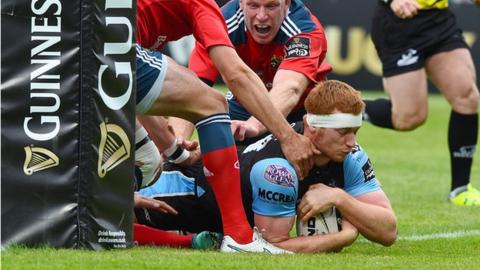 Rob Harley crosses the line for the opening try against Munster in Belfast