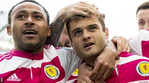 Ikechi Anya and Shaun Maloney celebrate Scotland's equaliser