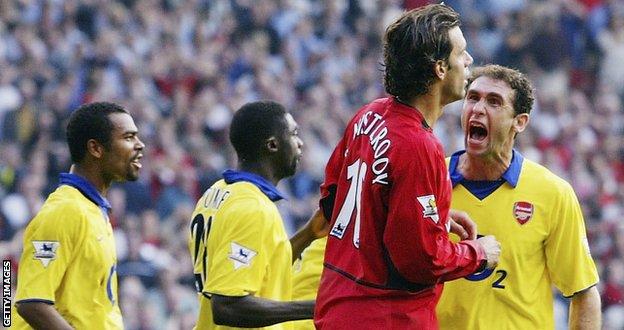 Arsenal defender Martin Keown clashed with Manchester United striker Ruud van Nistelrooy in 'the battle of Old Trafford'