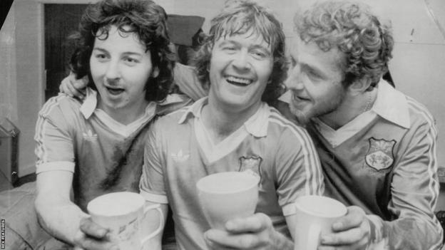 Mickey Thomas (left), Dixie McNeil (centre) qnd Graham Whittle (right) celebrating during their FA Cup run in 1977-78