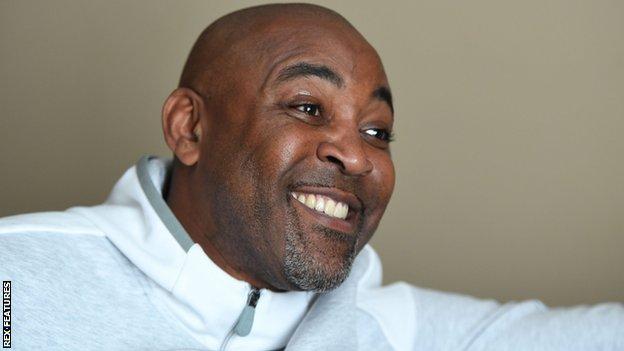 Darren Campbell, pictured in 2018, at home recovering after suffering a bleed on the brain. It left him 