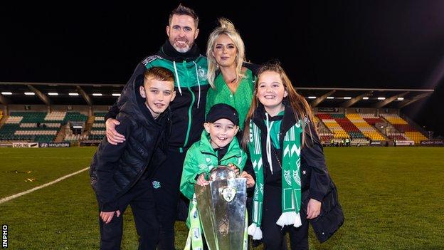 Stephen Bradley celebrates winning with his wife Emma, children Jaden, Josh and Ella