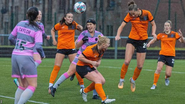 Glasgow City's Kenzie Weir (second right) scores against Partick Thistle