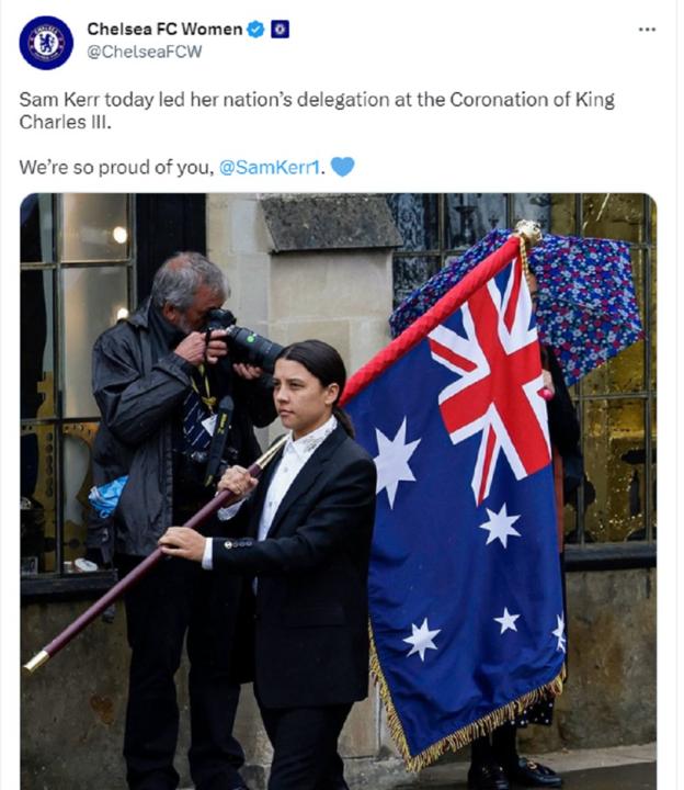 A tweet from Chelsea Women showing their forward, Australia's Sam Kerr, carrying the Australian flag leading her nation's delegation at the coronation of King Charles III