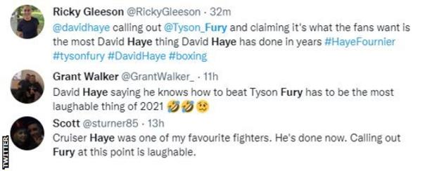 One fan says David Haye calling out Tyson Fury is "the most David Haye thing David Haye has done so far," while others describe it as "laughable"