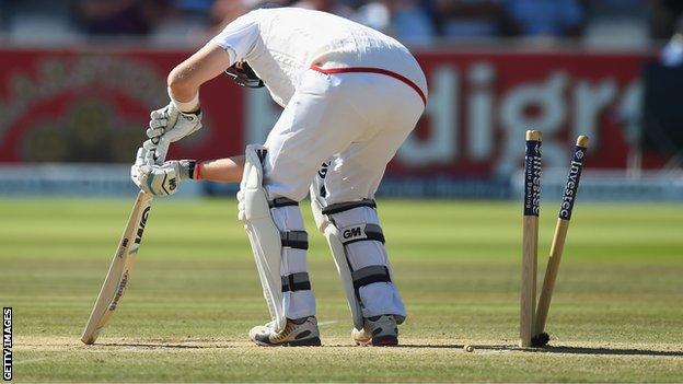 Joe Root is bowled in the England collapse