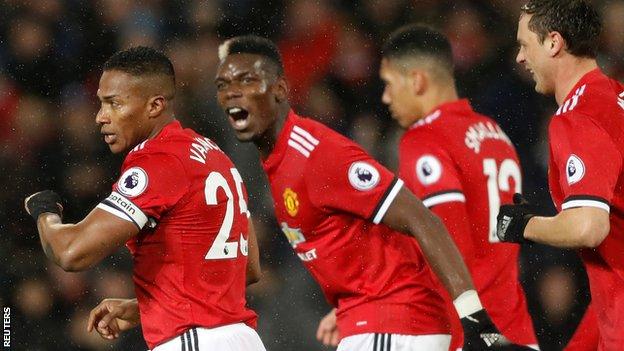 Antonio Valencia celebrates his opening goal for Manchester United against Stoke with Paul Pogba