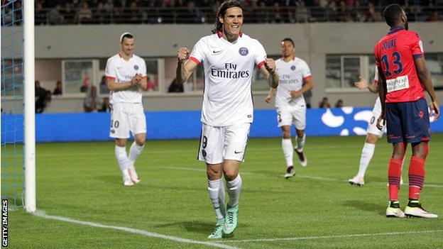Edinson Cavani celebrates scoring for Paris St-Germain against Ajaccio