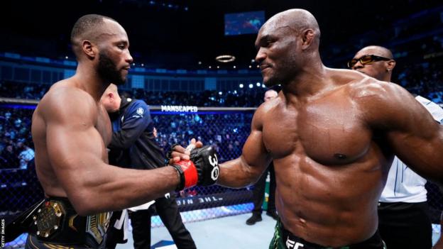 Kamaru Usman and Leon Edwards shake hands following their trilogy fight in March