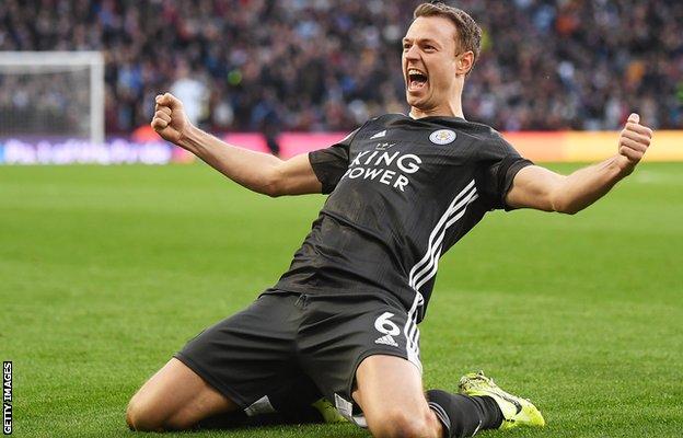 Evans celebrates his goal against Aston Villa