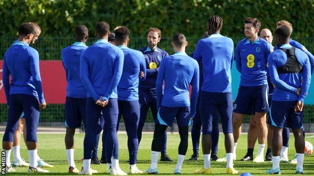 England manager Gareth Southgate with his squad during training