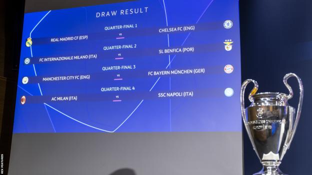 The draw for the quarter-finals of the 2022-23 Champions League is shown on a screen along with the trophy