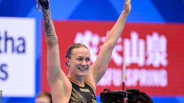 Sarah Sjostrom celebrates winning the women's 50m freestyle title at the 2023 World Aquatics Championships