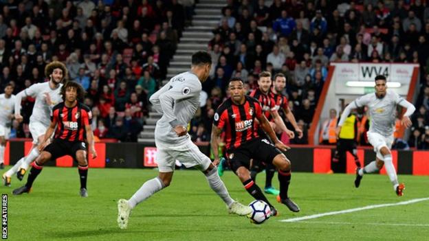 Jesse Lingard produces the low cross for Chris Smalling to score for Manchester United against Bournemouth