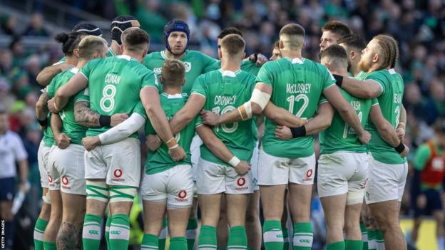 The Ireland squad in a huddle during the win over Italy